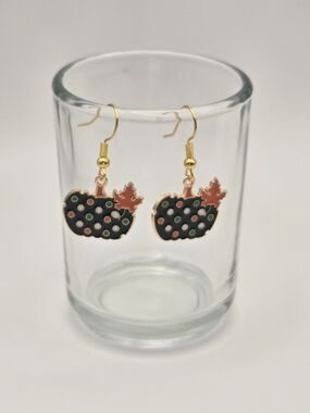 Gold-Tone Green Polka Dot Pumpkin Drop Earrings with Orange Leaf Accent